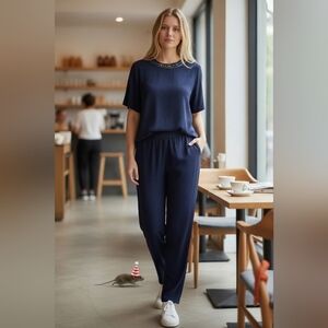 Embellished-Neck Navy Relaxed Jumpsuit